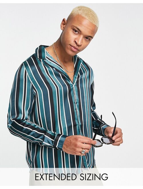 ASOS DESIGN relaxed deep camp collar satin shirt in blue and gray stripe