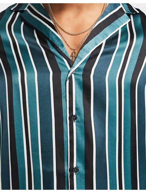ASOS DESIGN relaxed deep camp collar satin shirt in blue and gray stripe