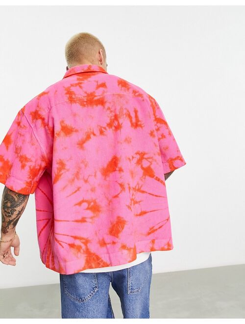 ASOS DESIGN boxy oversized cord shirt in pink tie dye