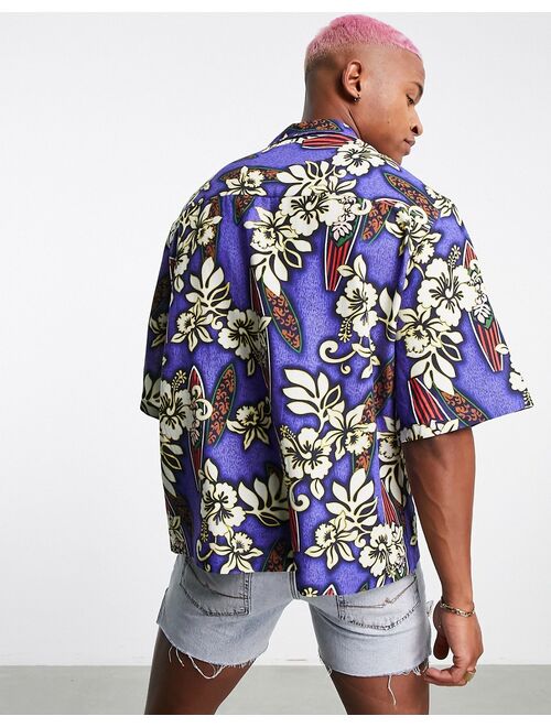 ASOS DESIGN dropped shoulder oversized camp collar shirt in purple hawaiian floral print