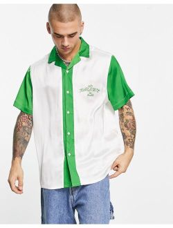 relaxed revere satin bowling shirt with chest embroidery