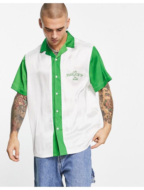 ASOS DESIGN relaxed revere satin bowling shirt with chest embroidery