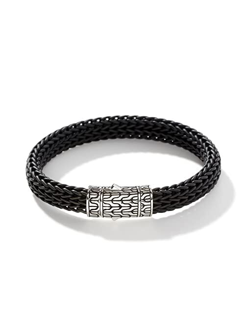 John Hardy Men's Classic Chain Silver 10.5mm Black Rubber Bracelet with Pusher Clasp