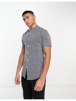 skinny stripe shirt with roll sleeve and grandad collar in navy/white