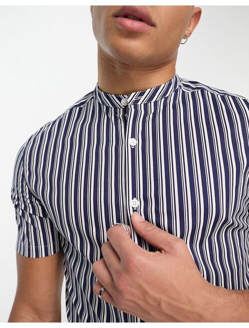 ASOS DESIGN skinny stripe shirt with roll sleeve and grandad collar in navy/white