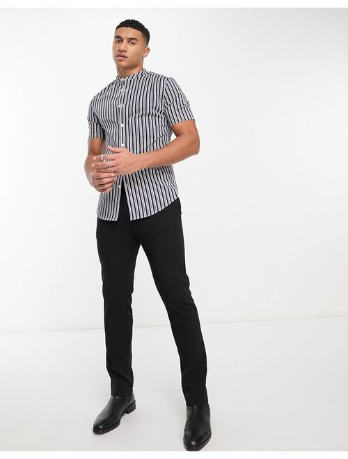 ASOS DESIGN skinny stripe shirt with roll sleeve and grandad collar in navy/white