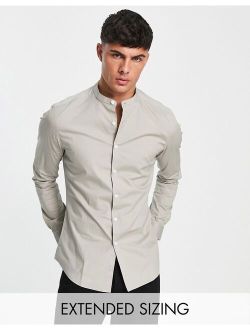 stretch skinny fit shirt with grandad collar in taupe