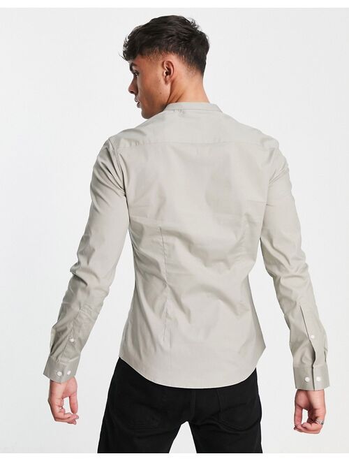 ASOS DESIGN stretch skinny fit shirt with grandad collar in taupe