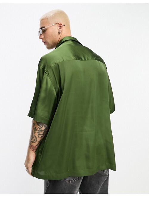 ASOS DESIGN longline oversized satin shirt khaki