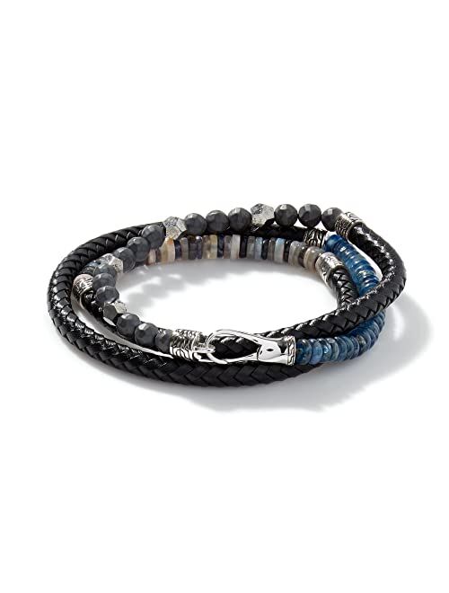 John Hardy Men's Classic Chain Silver Triple Wrap Bracelet on 6mm Leather with Hook Clasp