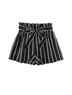 Girl's Striped Elastic Paper Bag Waist Belted Shorts