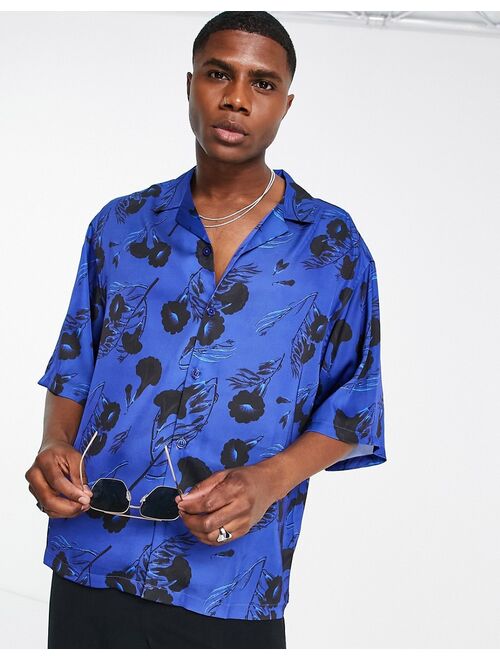 ASOS DESIGN dropped shoulder oversized revere satin shirt in blue floral print