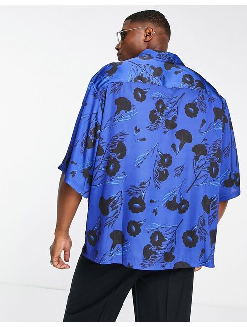 ASOS DESIGN dropped shoulder oversized revere satin shirt in blue floral print
