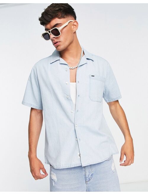 Only & Sons denim camp collar shirt in light wash denim