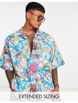 dropped shoulder oversized camp collar shirt in shell print