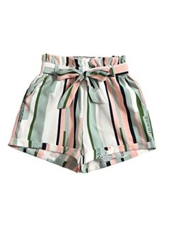 OYOANGLE Girl's Geo Print Paperbag Waist Belted Crop Wide Leg Shorts Summer Casual Shorts