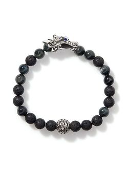 Men's Legends Naga Silver Bracelet with Pusher Clasp with 8mm Eagle Eye & 8mm Black Volcanic Beads and Blue Sapphire Eyes