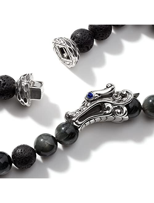 John Hardy Men's Legends Naga Silver Bracelet with Pusher Clasp with 8mm Eagle Eye & 8mm Black Volcanic Beads and Blue Sapphire Eyes