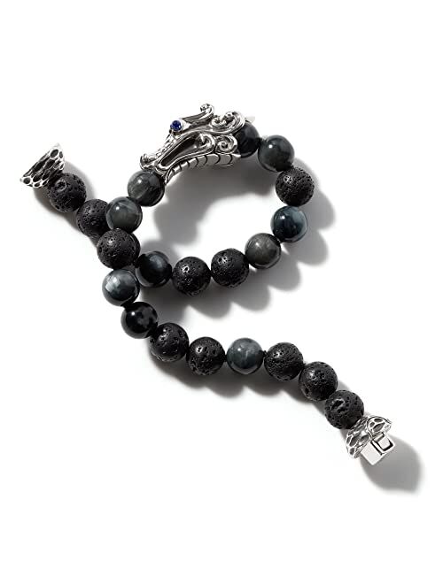 John Hardy Men's Legends Naga Silver Bracelet with Pusher Clasp with 8mm Eagle Eye & 8mm Black Volcanic Beads and Blue Sapphire Eyes