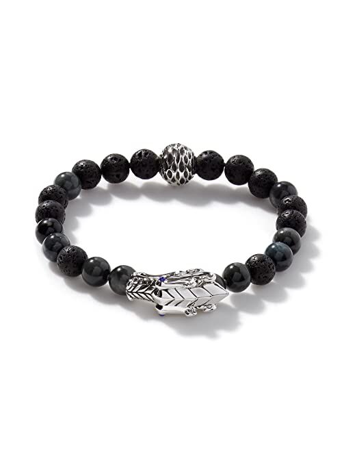 John Hardy Men's Legends Naga Silver Bracelet with Pusher Clasp with 8mm Eagle Eye & 8mm Black Volcanic Beads and Blue Sapphire Eyes