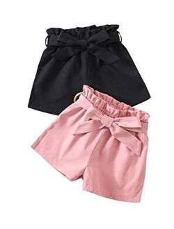 Girl's 2 Pack Frilled Paperbag Elastic Waist Belted Straight Cute Shorts