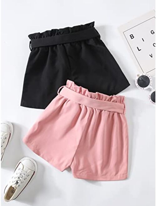 Verdusa Girl's 2 Pack Frilled Paperbag Elastic Waist Belted Straight Cute Shorts
