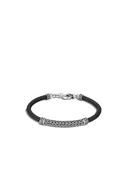 Classic Chain Silver Station Bracelet on 4mm Black Woven Leather with Lobster Clasp