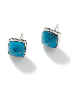 Classic Chain Silver Cluster Sugarloaf 8mm Stud Earrings with 8x8mm Turquoise
