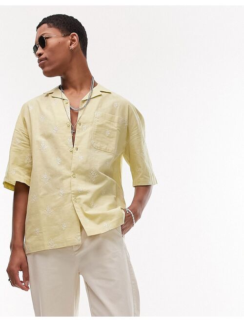 Topman cotton linen all over floral embroidered shirt in light green