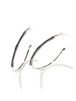 WOMEN's Bamboo Silver Lava Large Hoop Earrings (Dia 40.5mm) with Black Sapphire
