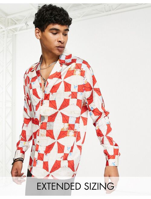 ASOS DESIGN relaxed revere satin shirt with 70s collar in textured diamond print