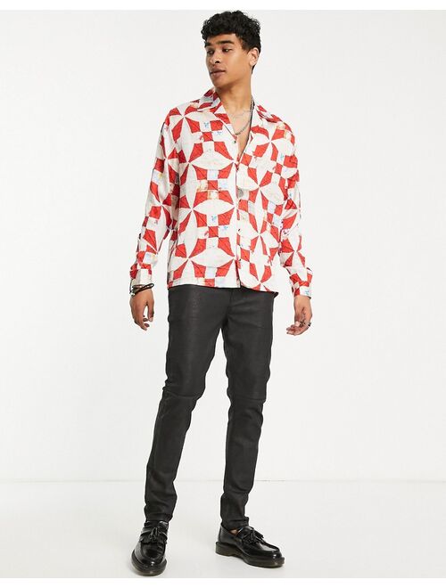 ASOS DESIGN relaxed revere satin shirt with 70s collar in textured diamond print