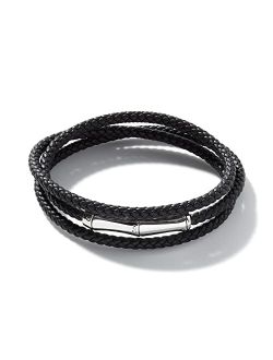 Men's Bamboo Silver Black Leather Triple Wrap Bracelet with Magnetic Clasp
