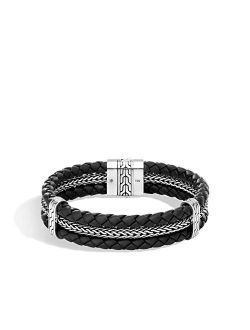 MEN's Classic Chain Silver Triple Row Bracelet on Black Leather with Pusher Clasp