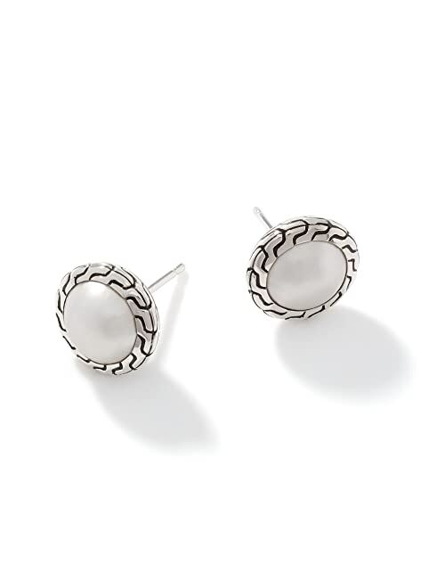 John Hardy Classic Chain Silver Round 11.5mm Stud Earrings with 9.5-10mm Mabe Fresh Water Pearl