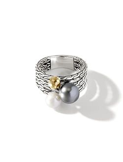 Classic Chain Hammered 18K Gold & Silver Ring with 8-8.5mm Tahitian Pearl and 6-6.5mm Cultured Fresh Water Pearl