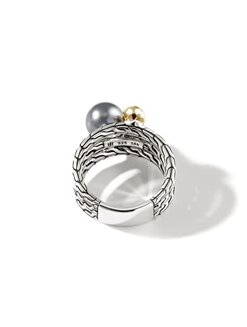 John Hardy Classic Chain Hammered 18K Gold & Silver Ring with 8-8.5mm Tahitian Pearl and 6-6.5mm Cultured Fresh Water Pearl