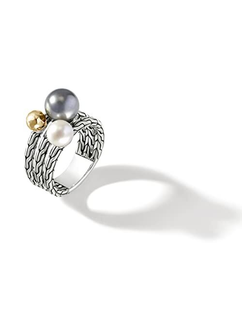 John Hardy Classic Chain Hammered 18K Gold & Silver Ring with 8-8.5mm Tahitian Pearl and 6-6.5mm Cultured Fresh Water Pearl
