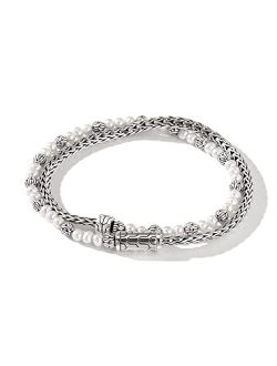 Classic Chain Silver 3.5mm Slim Chain Double Wrap Bracelet with Pusher Clasp with 3-3.5mm Cultured Fresh Water Pearl