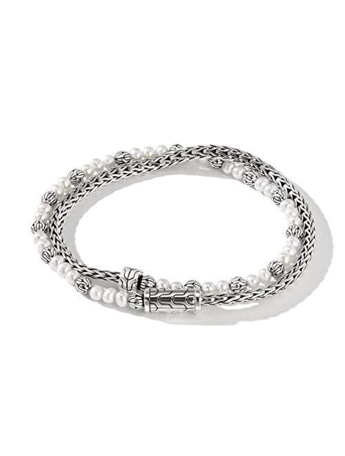 John Hardy Classic Chain Silver 3.5mm Slim Chain Double Wrap Bracelet with Pusher Clasp with 3-3.5mm Cultured Fresh Water Pearl