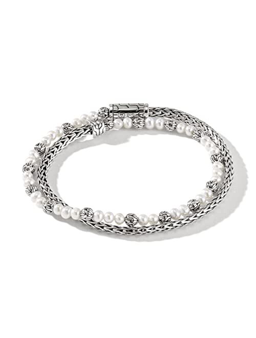 John Hardy Classic Chain Silver 3.5mm Slim Chain Double Wrap Bracelet with Pusher Clasp with 3-3.5mm Cultured Fresh Water Pearl