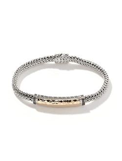 WOMEN's Classic Chain Hammered 18K Gold and Silver Extra-Small Bracelet 5mm with Pusher Clasp with Black Sapphire