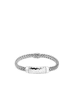 Classic Chain Hammered Silver 7.5mm Medium Chain Station Bracelet with Pusher Clasp, Size L