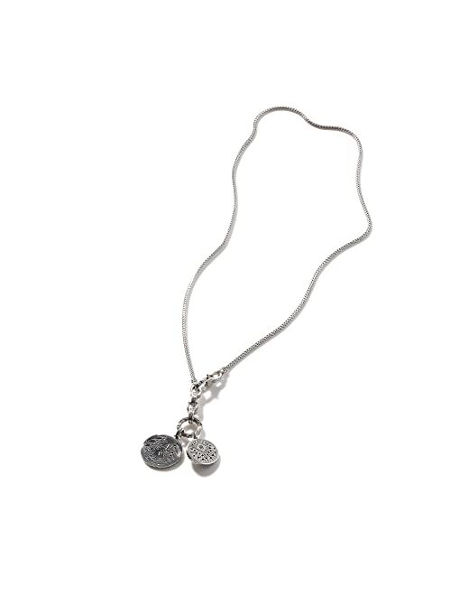 John Hardy Classic Chain Silver Reticulated Amulet Pendant on 2.5mm Mini Chain Transformable Necklace with 4x4mm Pyrite
