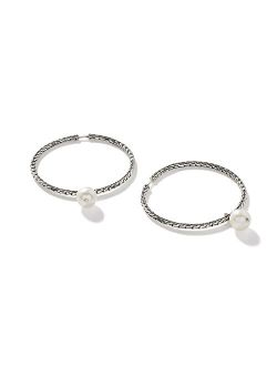 WOMEN's Classic Chain Silver Hoop Earrings with Full Closure with 9.5-10mm Fresh Water Pearl (Dia 45mm)