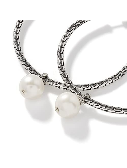John Hardy WOMEN's Classic Chain Silver Hoop Earrings with Full Closure with 9.5-10mm Fresh Water Pearl (Dia 45mm)