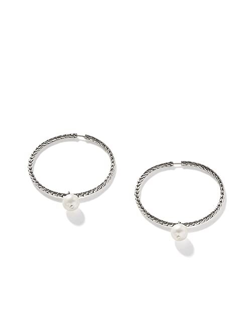 John Hardy WOMEN's Classic Chain Silver Hoop Earrings with Full Closure with 9.5-10mm Fresh Water Pearl (Dia 45mm)