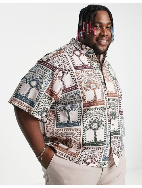 ASOS DESIGN boxy oversized shirt in linen look tree matchbox print