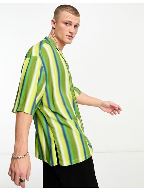 ASOS DESIGN oversized revere longline bowling shirt in green blurred stripe