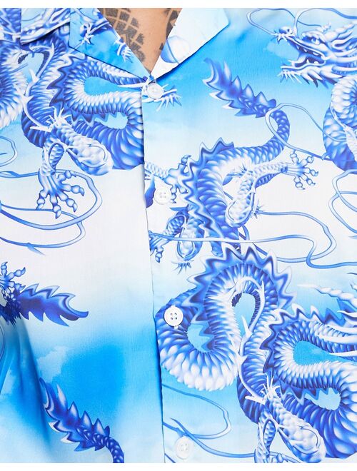 ASOS DESIGN dropped shoulder oversized camp collar satin shirt in y2k dragon print